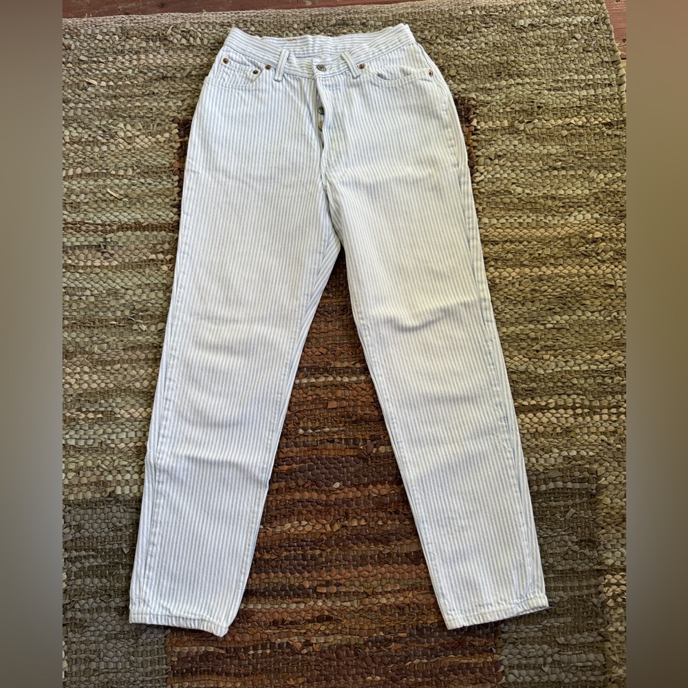 Levi's Pinstriped Baby Blue and White Vintage High Waist Striped Jeans